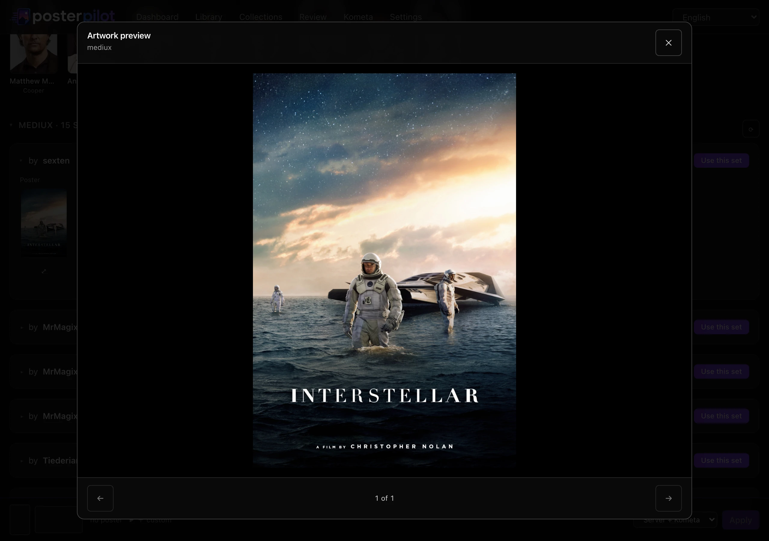 The enlarged artwork preview showing one poster in full, with its provider, dimensions and language, and previous/next controls