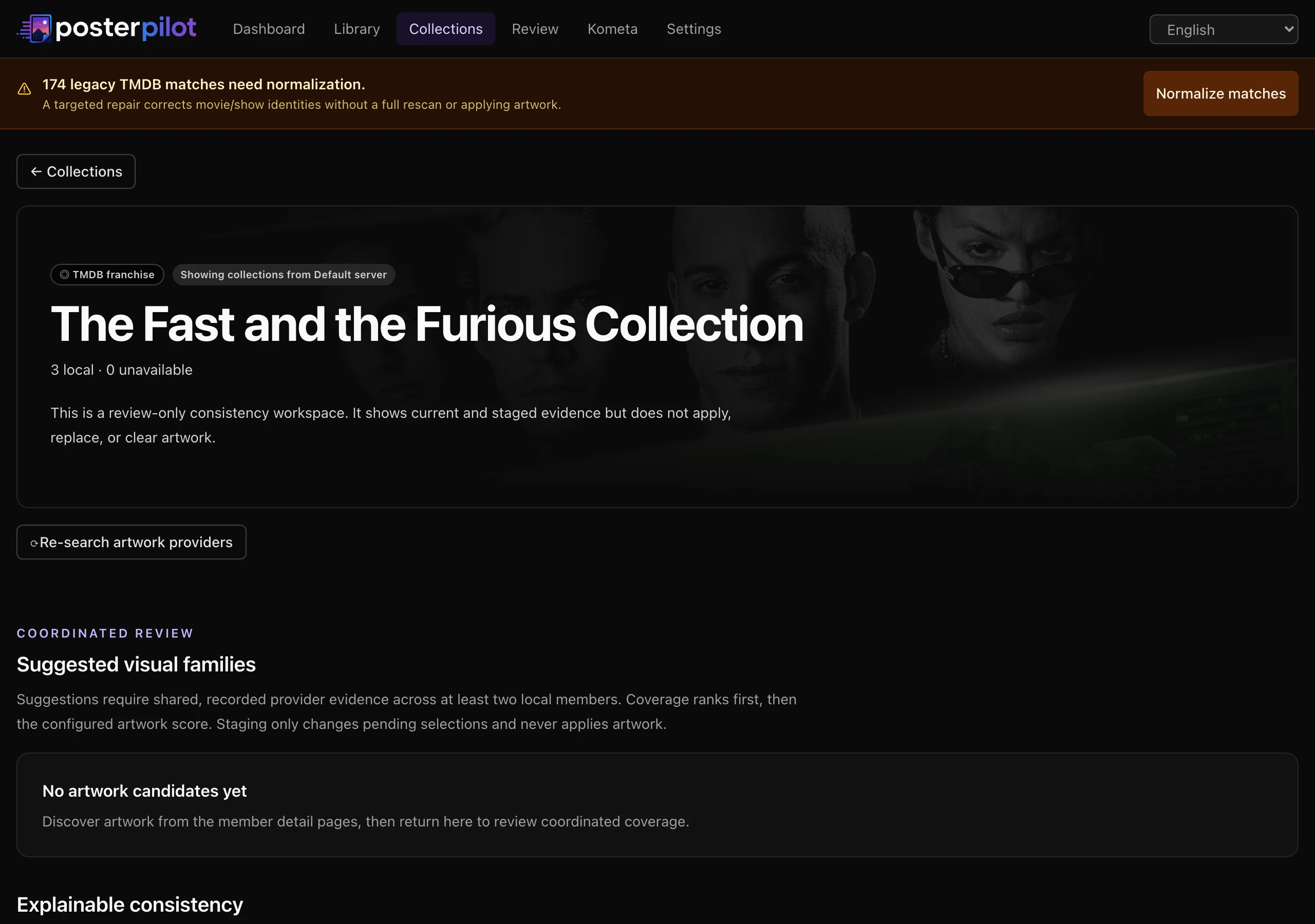 PosterPilot collection detail with the re-search control, its members-re-searched count, and freshly discovered coordinated family suggestions