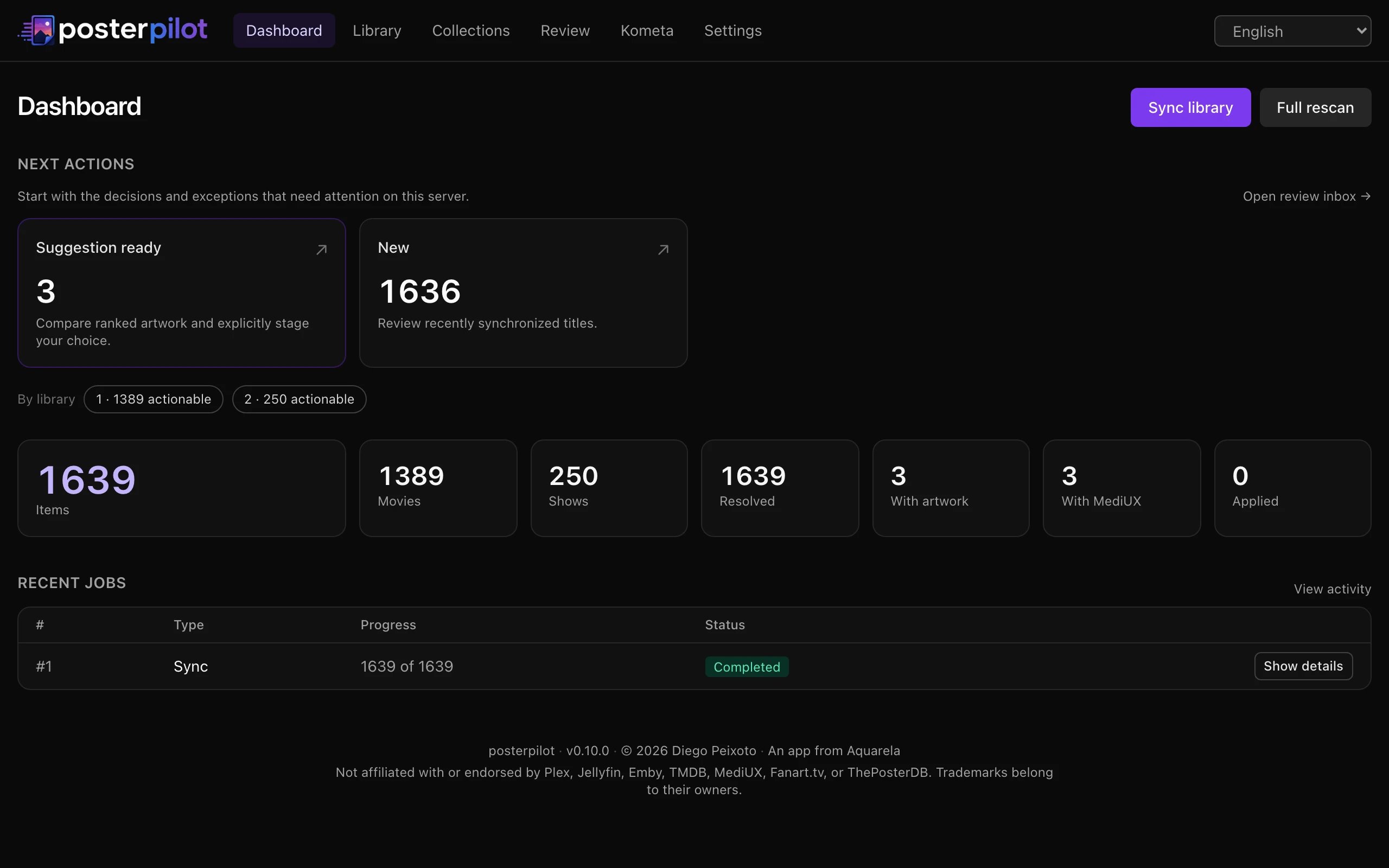 PosterPilot dashboard with library statistics, sync action, and recent background jobs