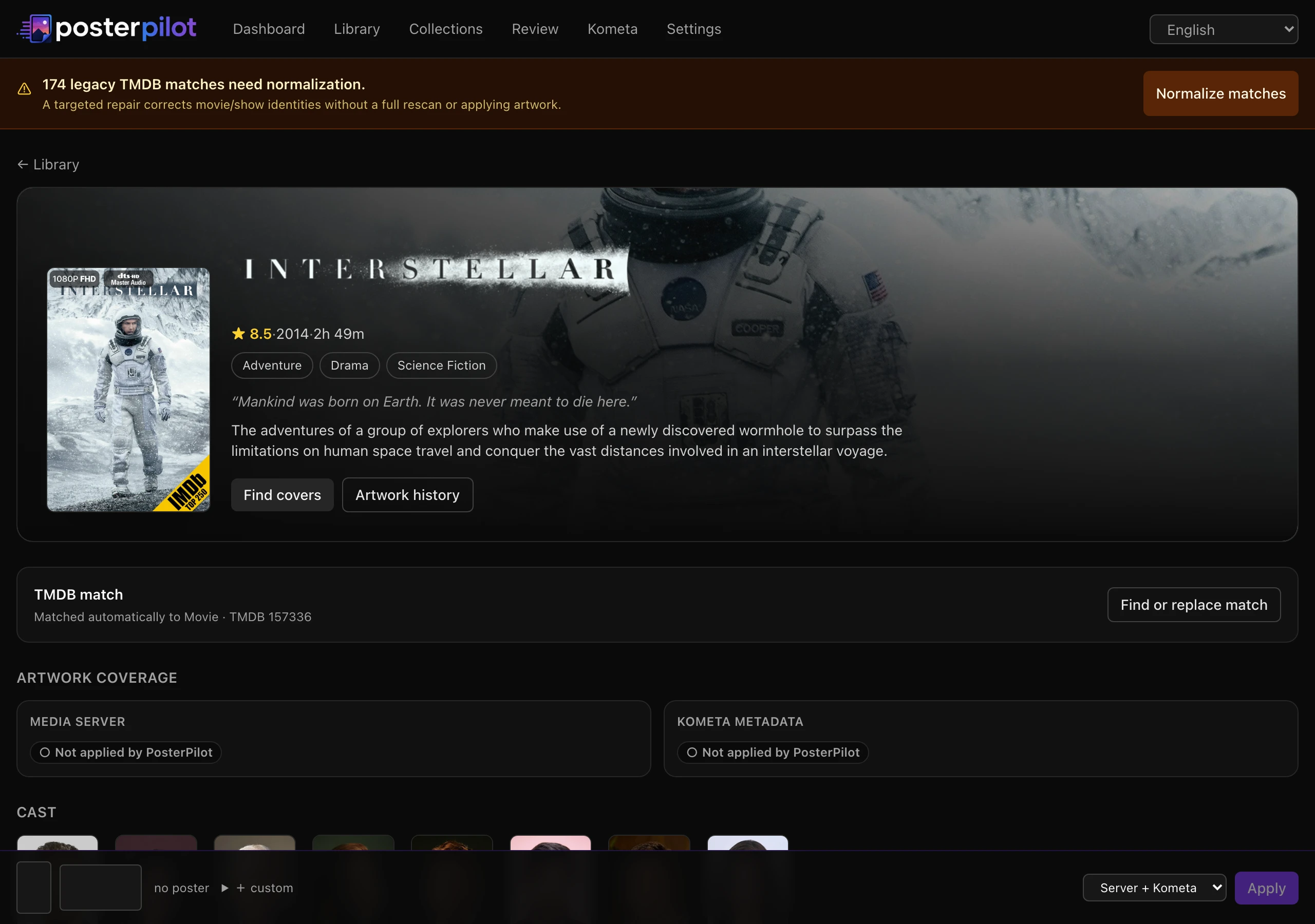 The artwork coverage panel on an item, with the media server and Kometa metadata destinations reported separately