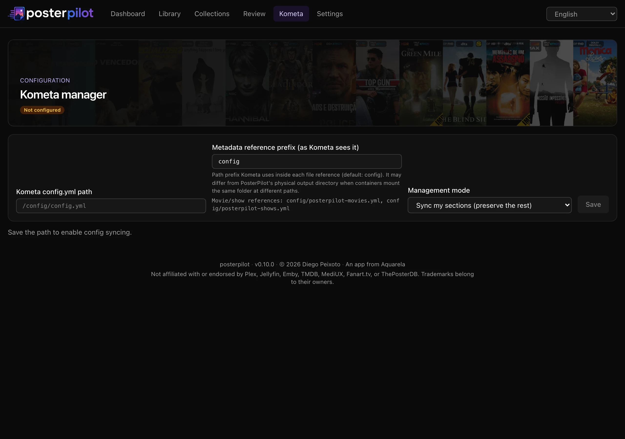 PosterPilot Kometa manager showing the config path, management mode, and connection sections