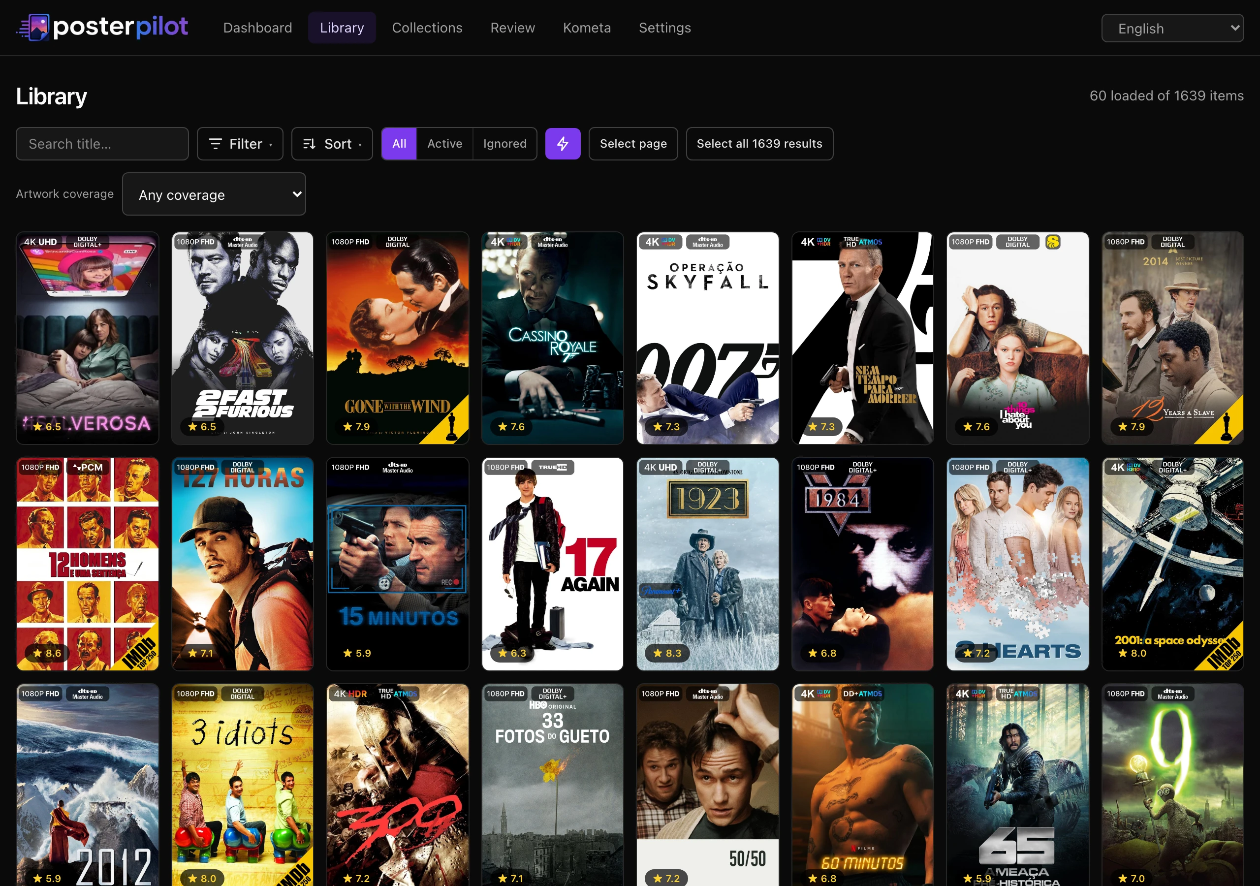 PosterPilot library wall with filter and sort controls above a grid of movie posters
