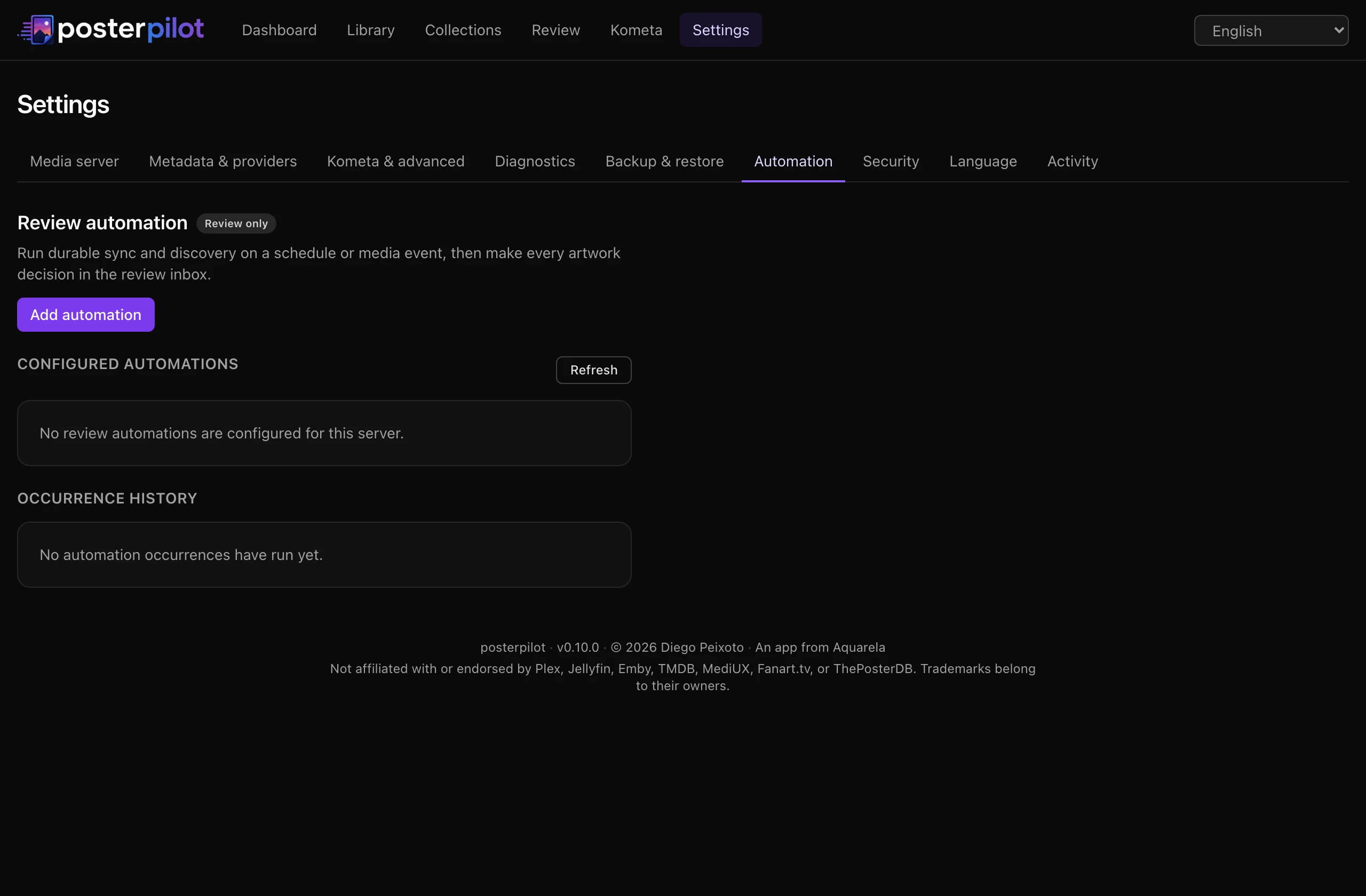 PosterPilot Automation settings with two review-only schedules and the occurrence history of past runs