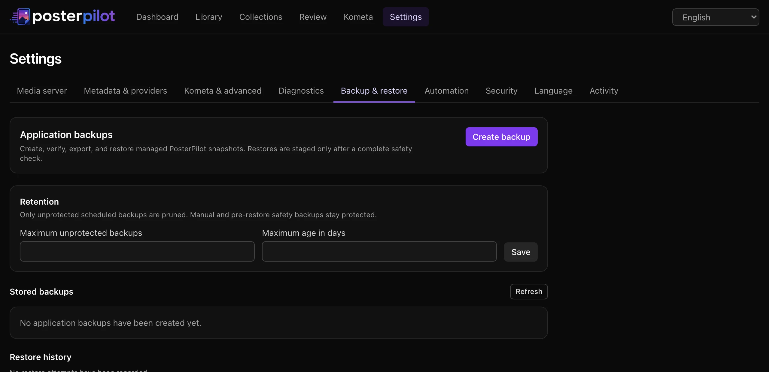 PosterPilot Backup and restore settings with retention limits and a verified, protected backup offering verify, export, and restore preview