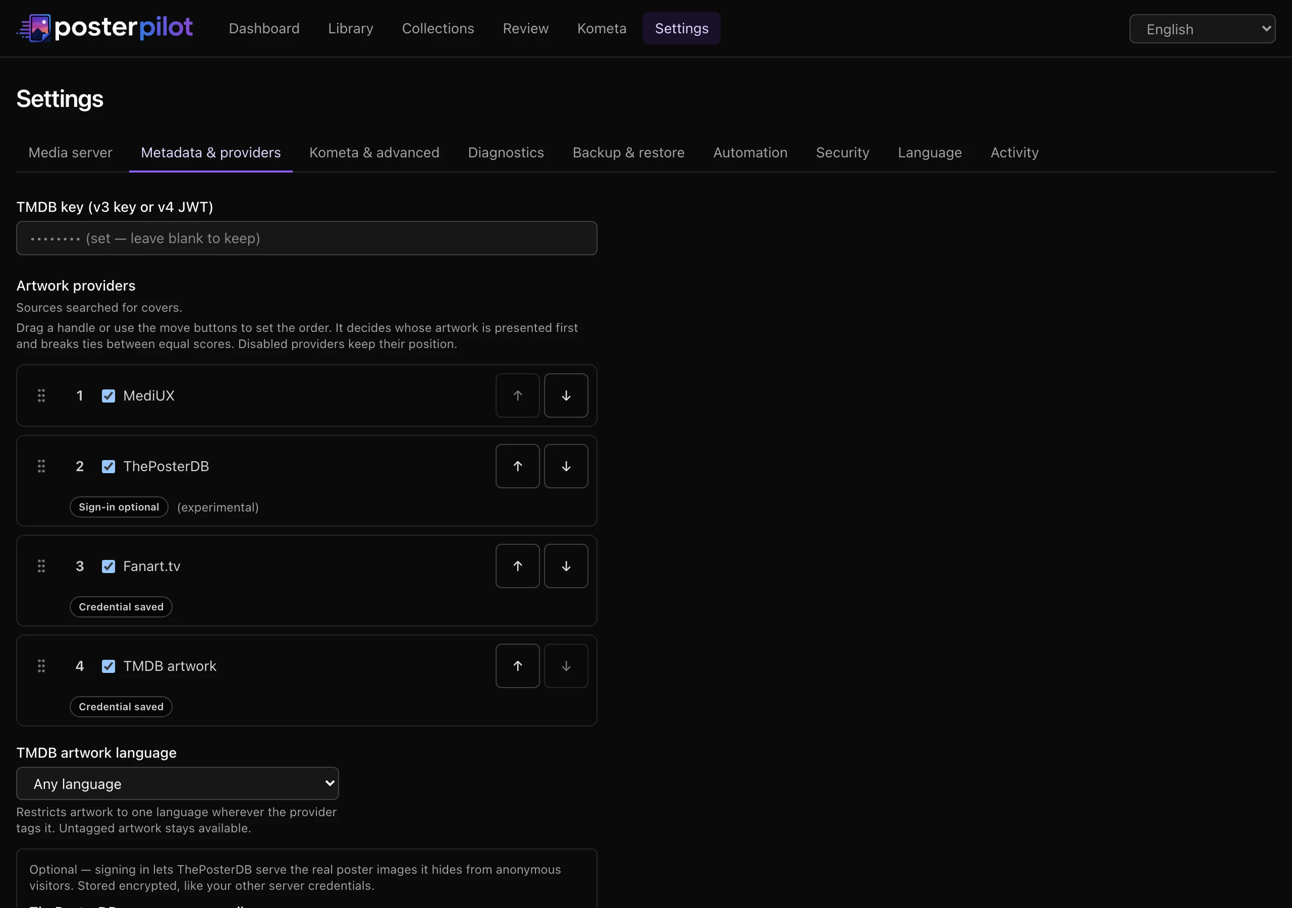 PosterPilot provider settings with ThePosterDB enabled and its optional account username and password fields