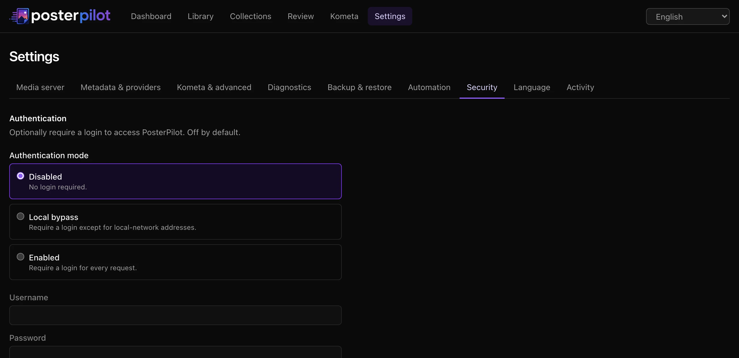 PosterPilot Security settings with disabled, local-bypass, and enabled authentication modes