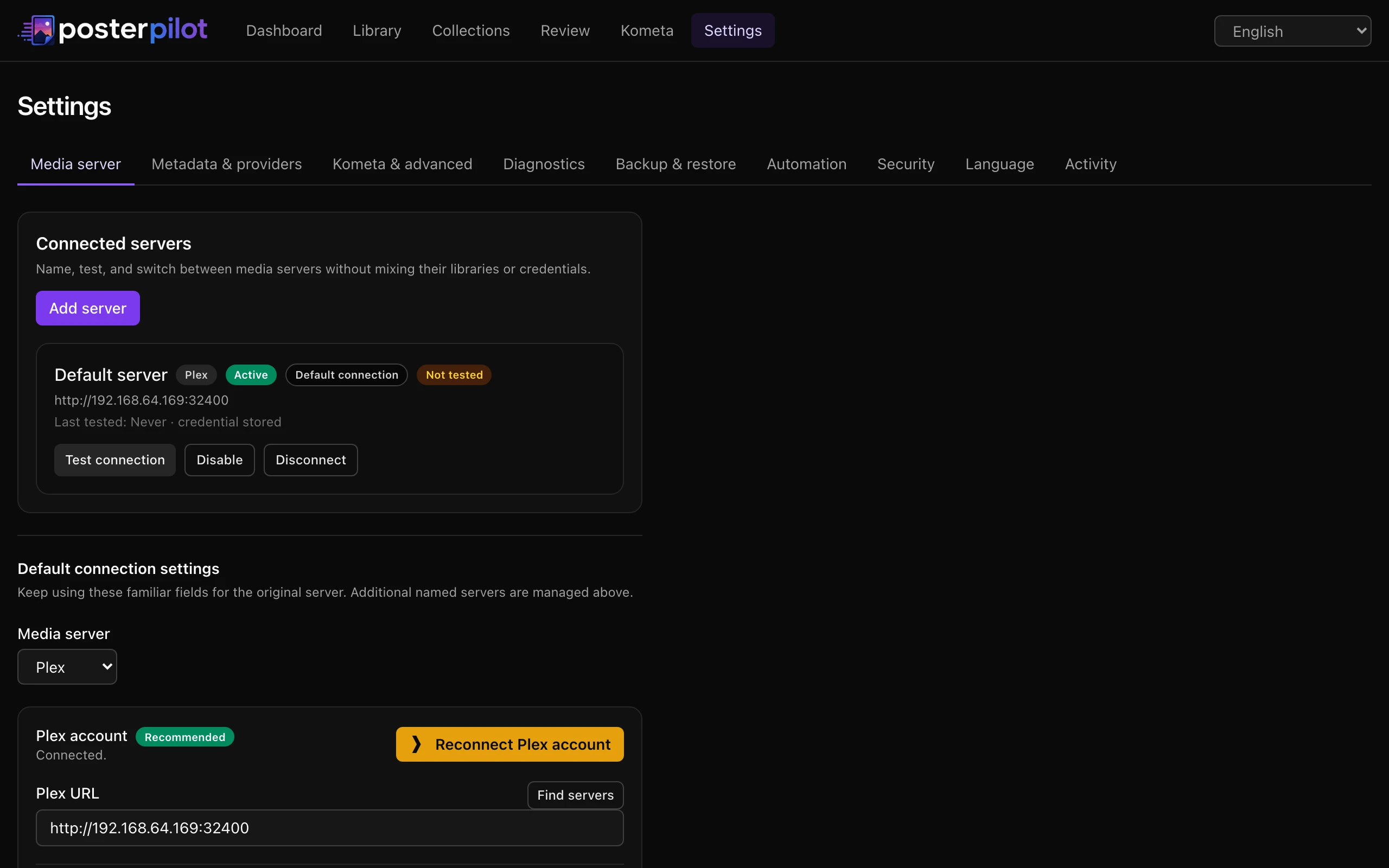 PosterPilot Media server settings listing two connected servers, the active Plex default and a healthy Jellyfin, with test, disable, and disconnect actions