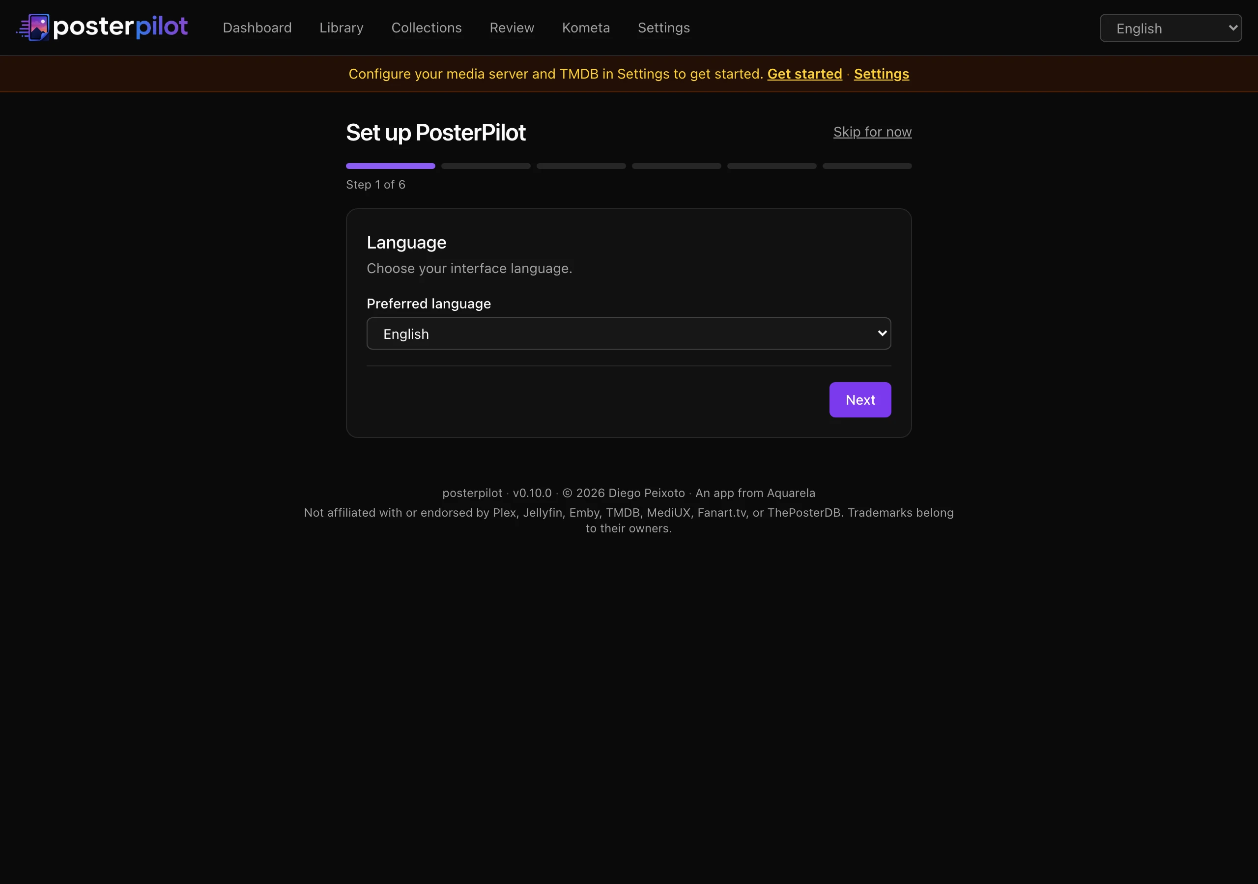 PosterPilot first-run wizard showing the language step and six-step progress indicator