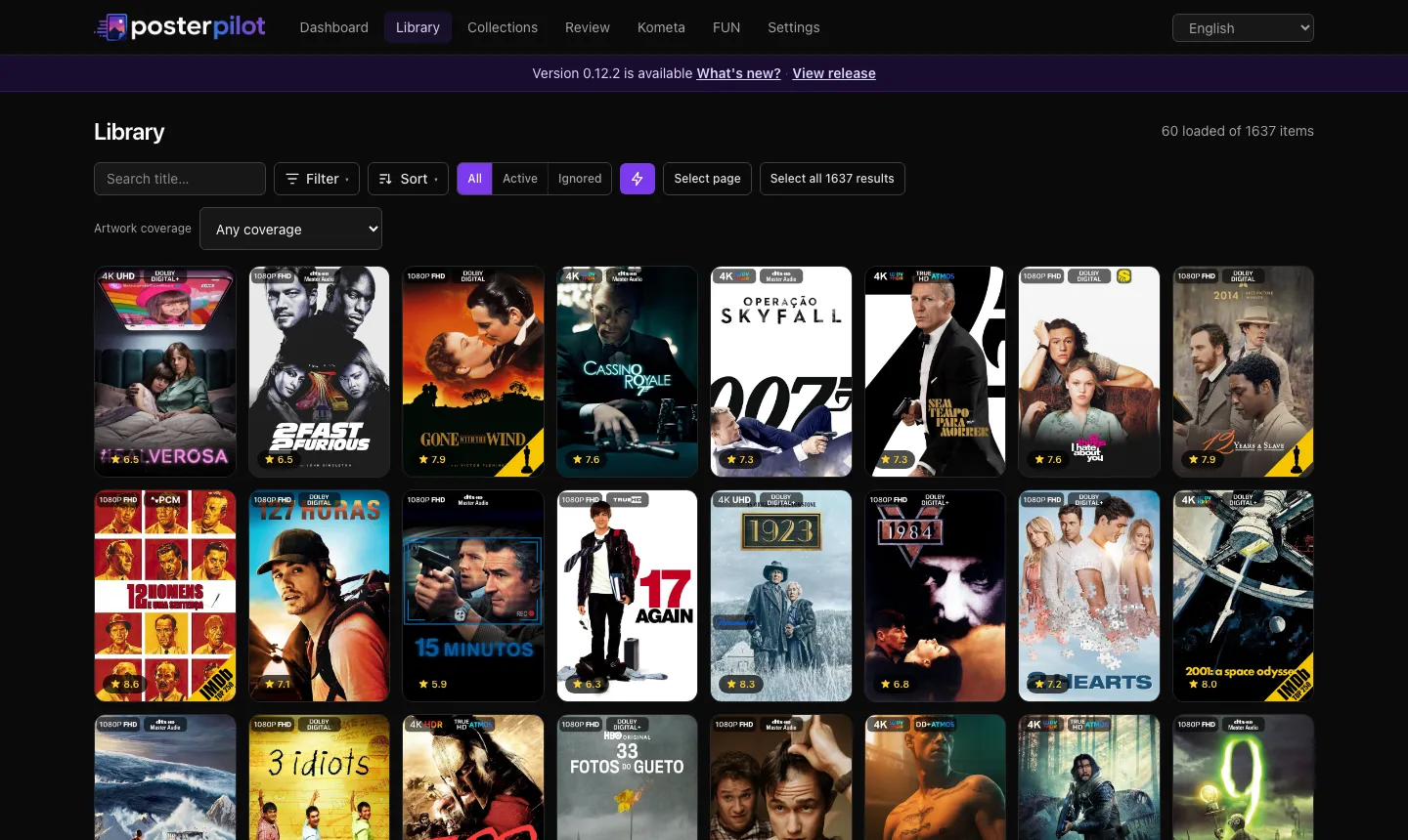 PosterPilot library in the default theme: near-black background, violet accent