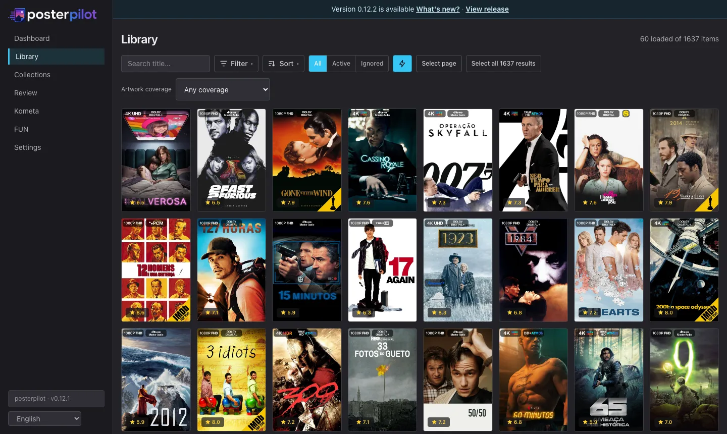 PosterPilot library in the Sonarr/Radarr theme: flat surfaces, 4px corners, cyan accent, left accent bar on the active row