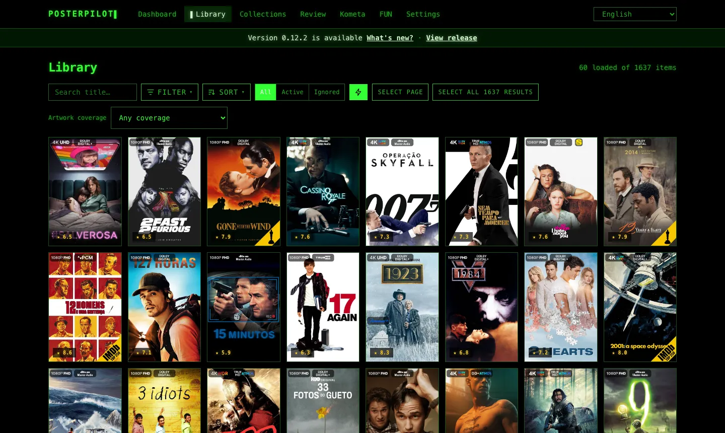 PosterPilot library in the Terminal theme: monospace, phosphor green on black, scanlines, square posters