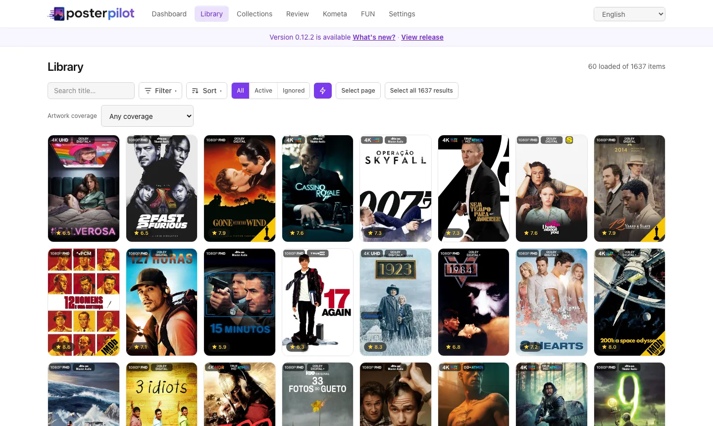 PosterPilot library in the White theme: white background, dark text, violet accent